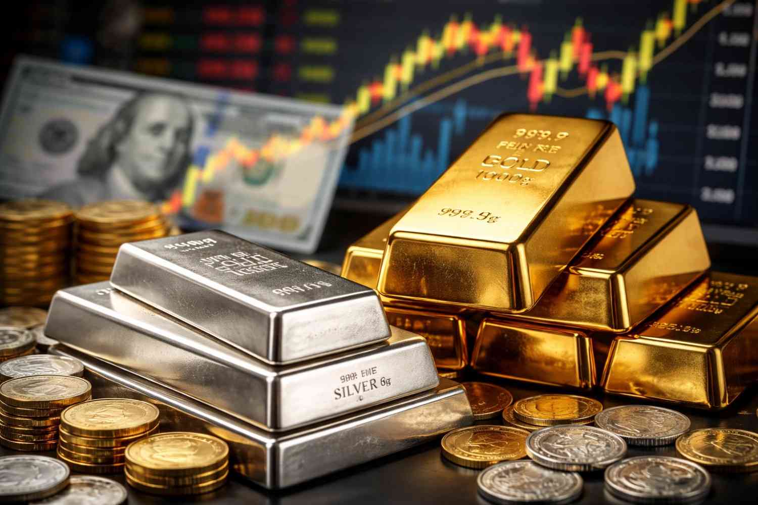 Silver gold prices represented through precious metal bars and market trend indicators reflecting economic uncertainty