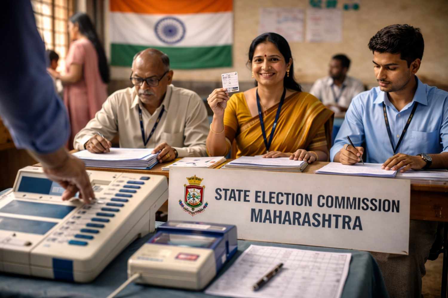 Maharashtra State Election Commission overseeing local body elections with ballot units and polling officials
